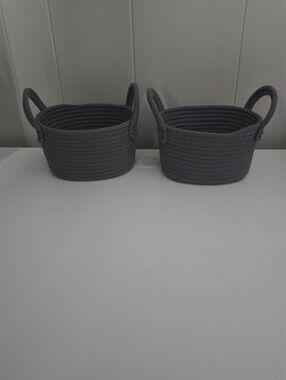 Set of 2 Gray Woven Storage Baskets with Handles